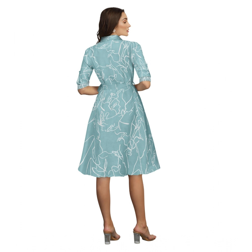 Women's Ruby Cotton Printed Shirt Collar 3-4th Sleeve Dresses (Pista) - GillKart