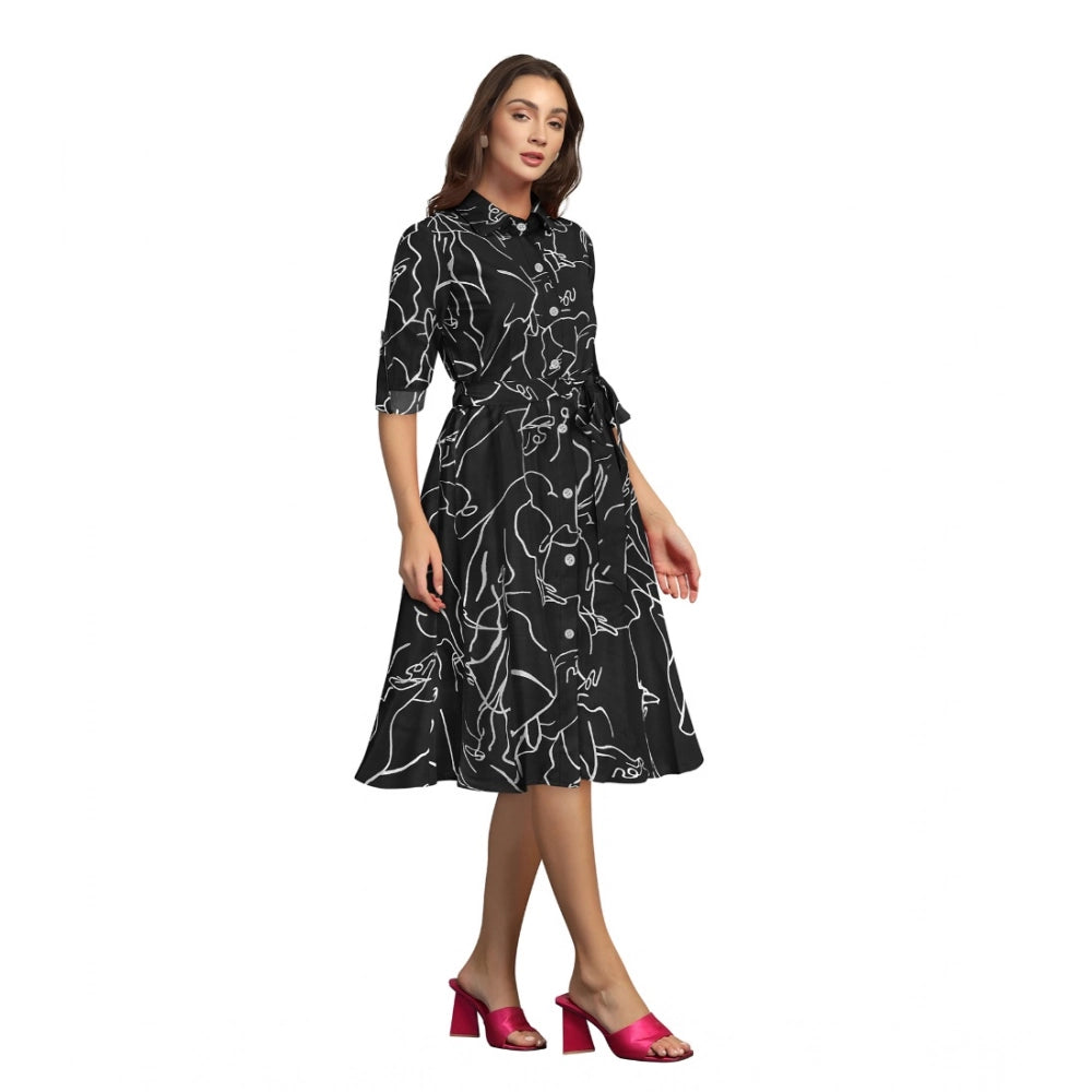 Women's Ruby Cotton Printed Shirt Collar 3-4th Sleeve Dresses (Black) - GillKart