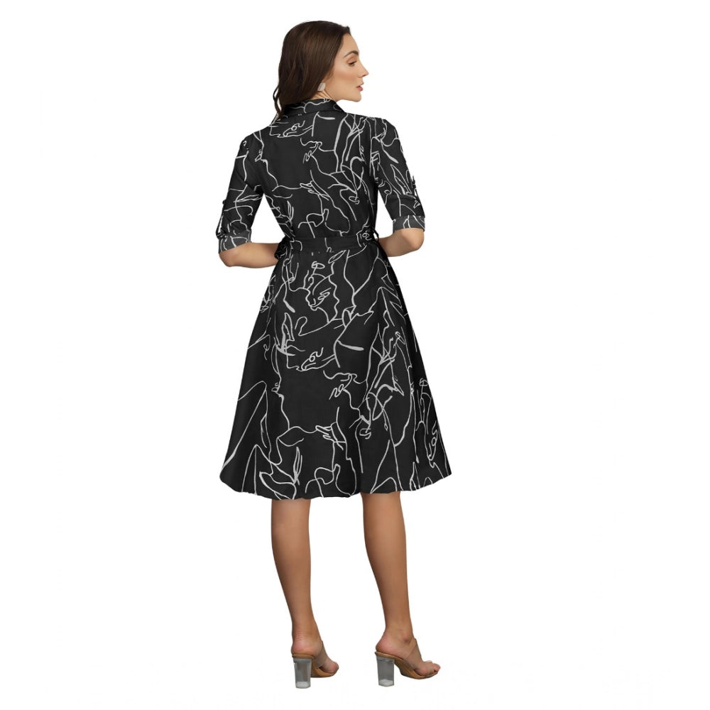 Women's Ruby Cotton Printed Shirt Collar 3-4th Sleeve Dresses (Black) - GillKart