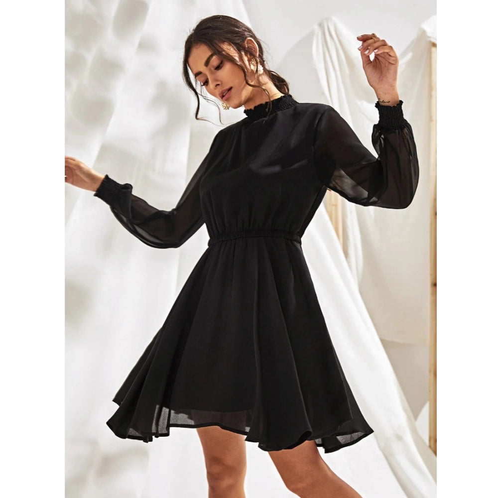 Women's Fox Georgette Solid High Neck Full Sleeve Dresses (Black) - GillKart