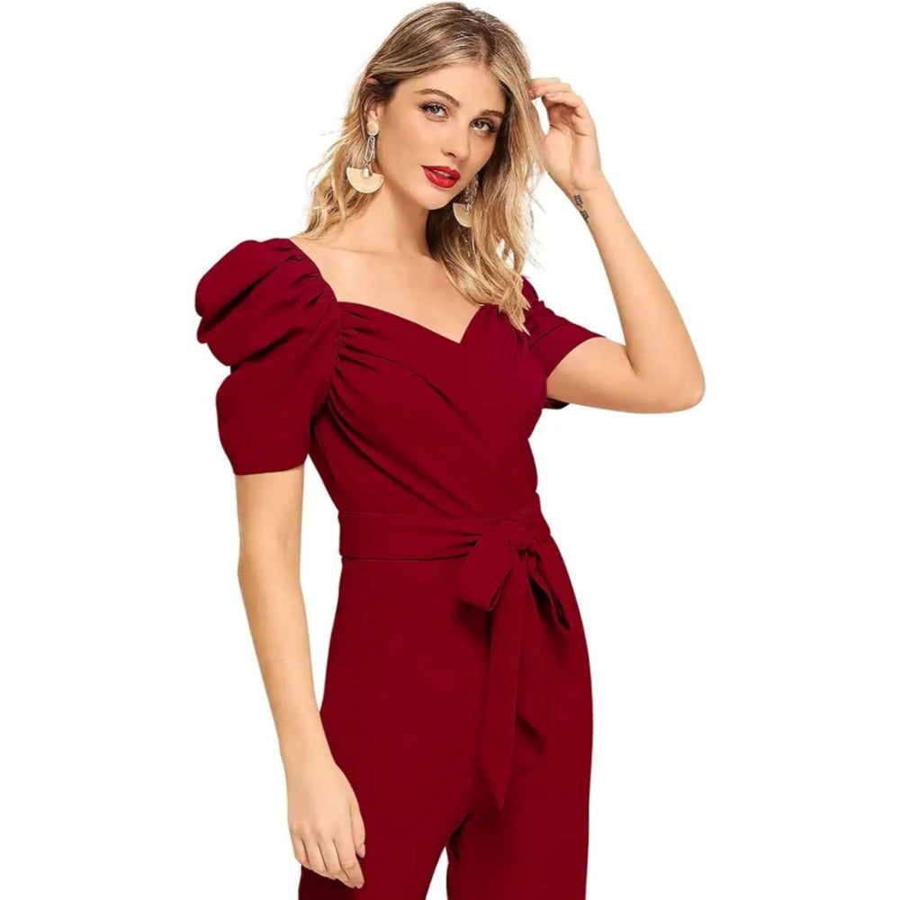 Women's Polyester Solid Sweet Heart Short Sleeve Jumpsuit (Maroon) - GillKart