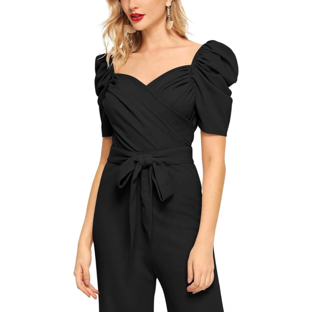 Women's Polyester Solid Sweet Heart Short Sleeve Jumpsuit (Black) - GillKart