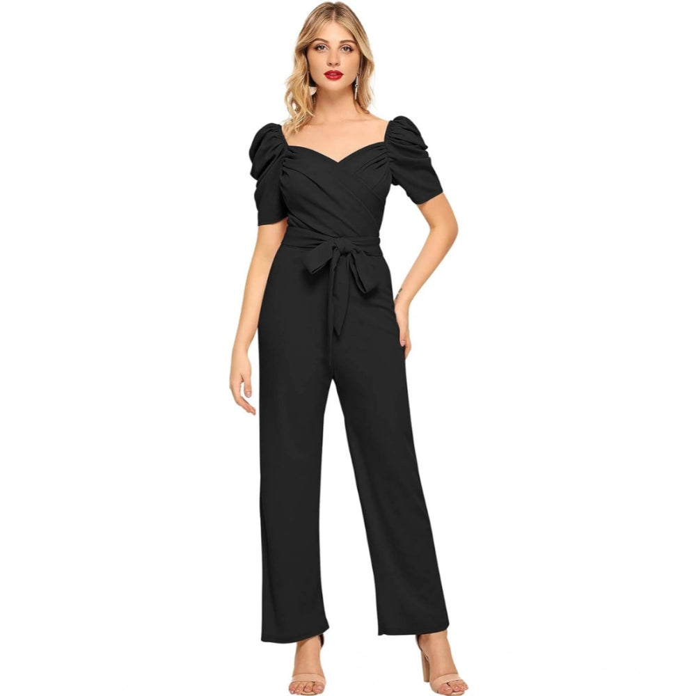 Women's Polyester Solid Sweet Heart Short Sleeve Jumpsuit (Black) - GillKart