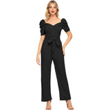 Women's Polyester Solid Sweet Heart Short Sleeve Jumpsuit (Black) - GillKart