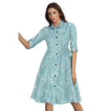 Women's Ruby Cotton Printed Shirt Collar 3-4th Sleeve Dresses (Pista) - GillKart