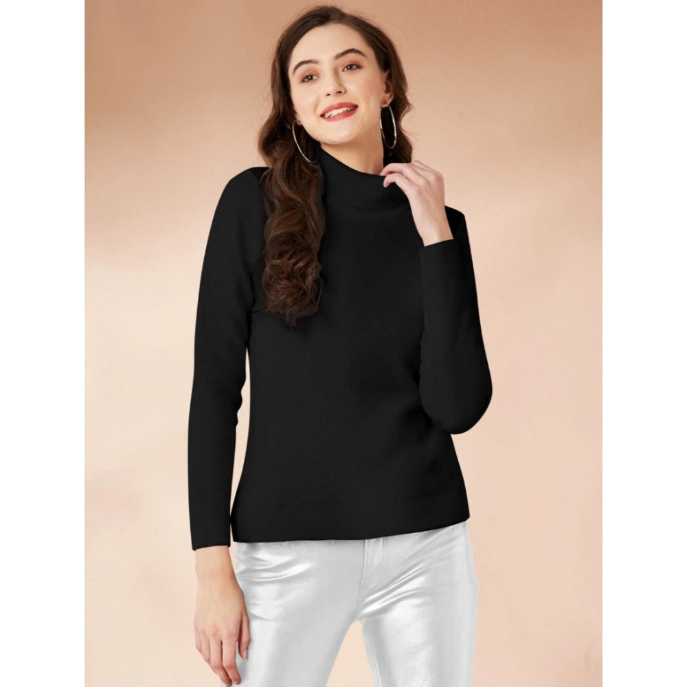 Women's Polyester Solid High Neck Full Sleeve T-Shirt (Black) - GillKart