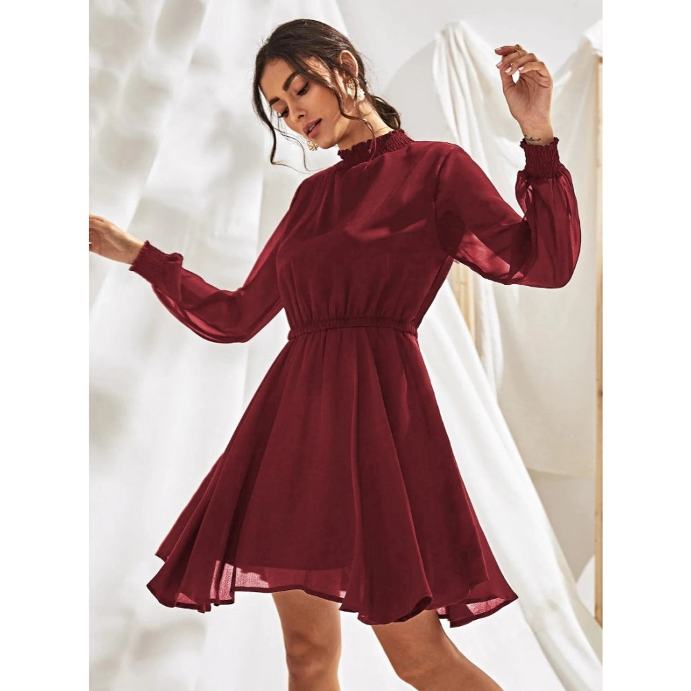 Women's Fox Georgette Solid High Neck Full Sleeve Dresses (Maroon) - GillKart