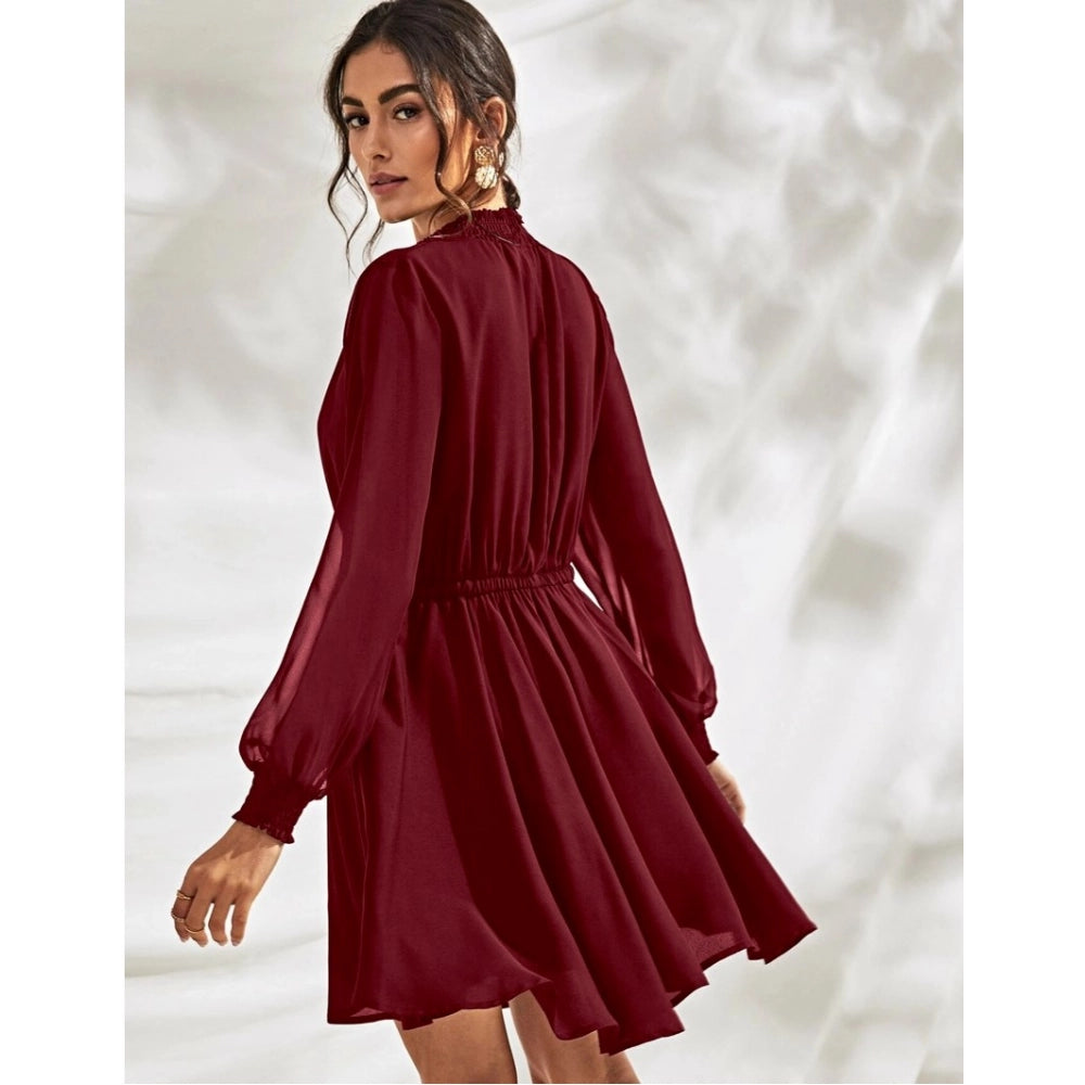 Women's Fox Georgette Solid High Neck Full Sleeve Dresses (Maroon) - GillKart