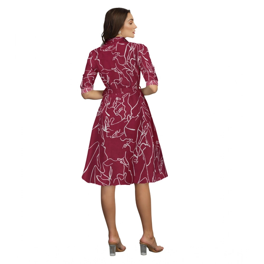 Women's Ruby Cotton Printed Shirt Collar 3-4th Sleeve Dresses (Maroon) - GillKart