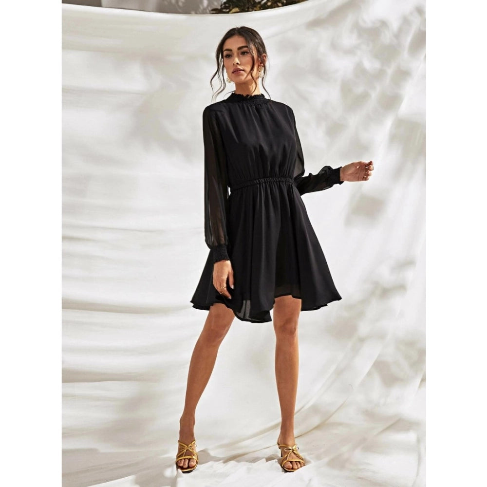 Women's Fox Georgette Solid High Neck Full Sleeve Dresses (Black) - GillKart