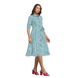 Women's Ruby Cotton Printed Shirt Collar 3-4th Sleeve Dresses (Pista) - GillKart