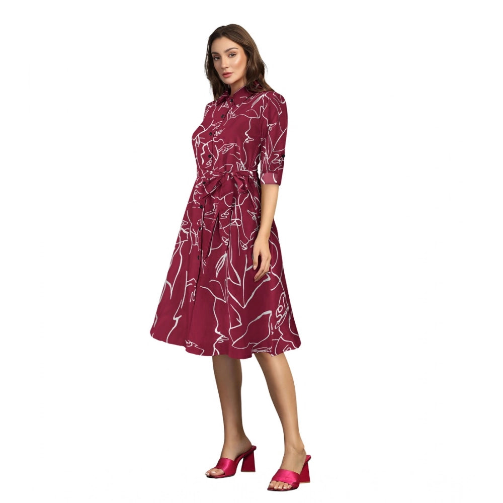 Women's Ruby Cotton Printed Shirt Collar 3-4th Sleeve Dresses (Maroon) - GillKart