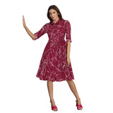 Women's Ruby Cotton Printed Shirt Collar 3-4th Sleeve Dresses (Maroon) - GillKart