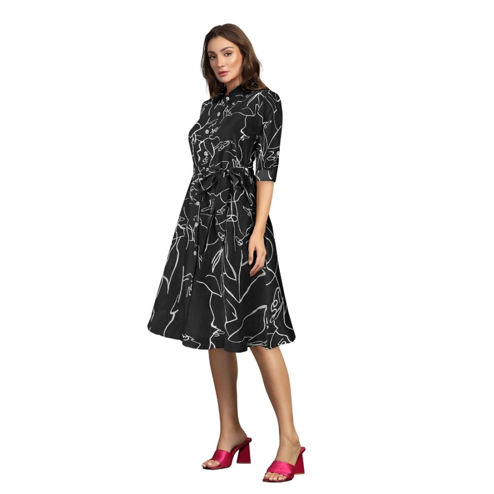 Women's Ruby Cotton Printed Shirt Collar 3-4th Sleeve Dresses (Black) - GillKart