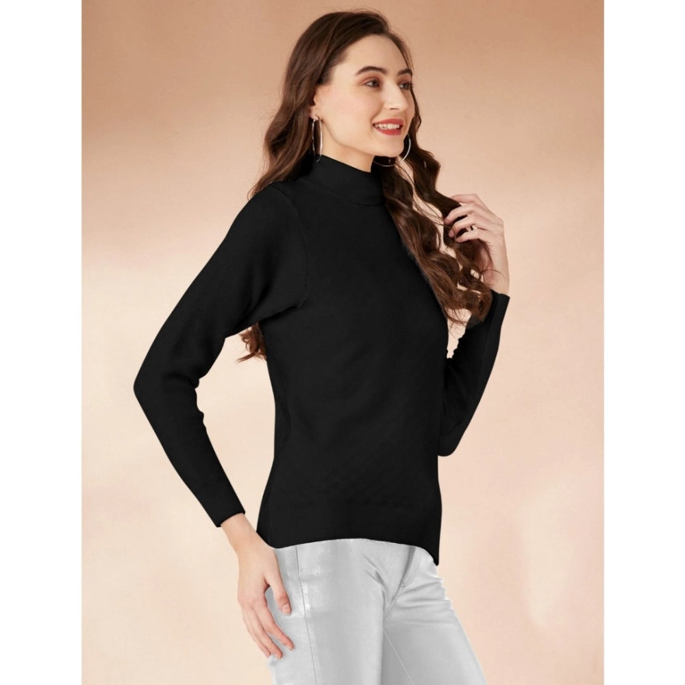 Women's Polyester Solid High Neck Full Sleeve T-Shirt (Black) - GillKart