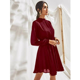 Women's Fox Georgette Solid High Neck Full Sleeve Dresses (Maroon) - GillKart