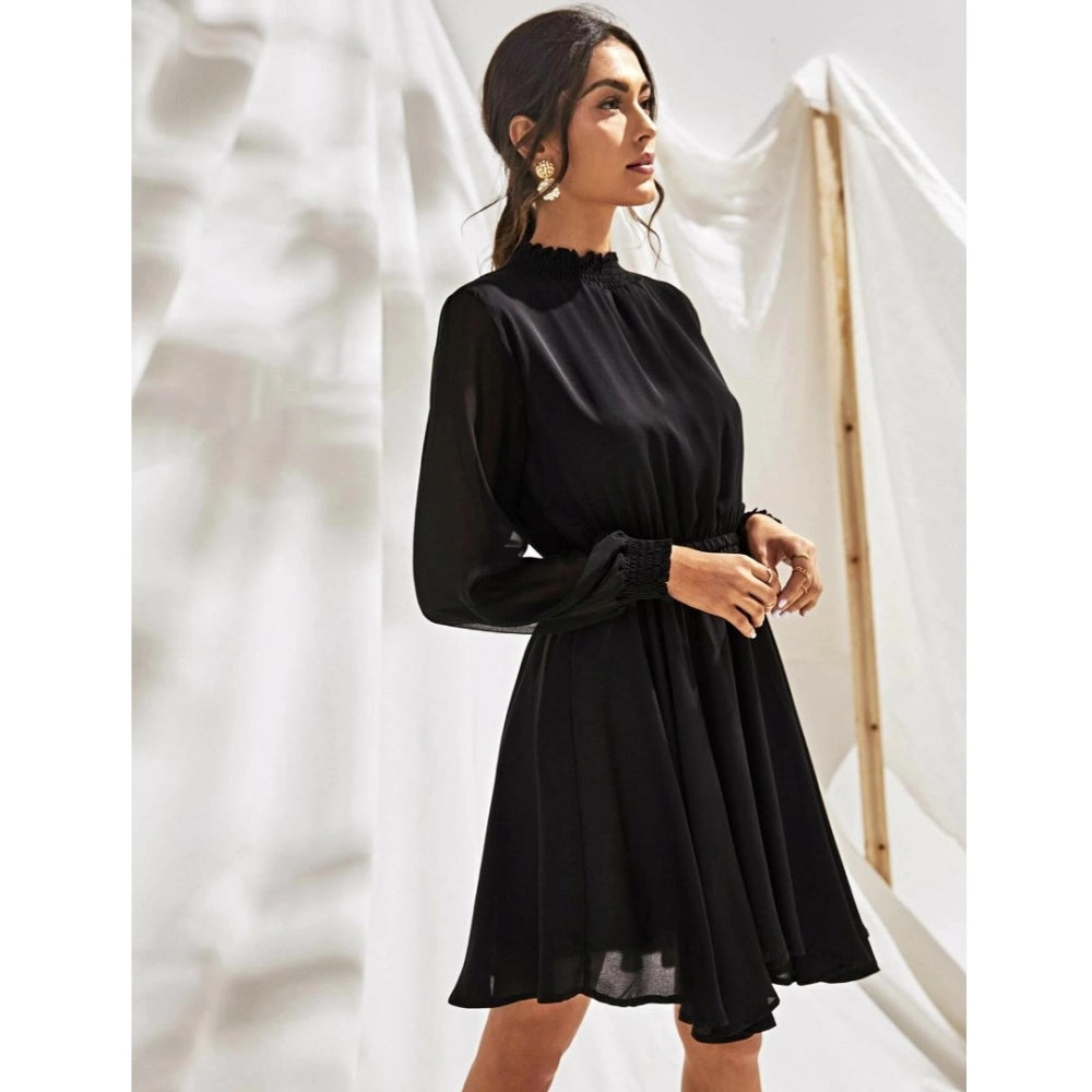 Women's Fox Georgette Solid High Neck Full Sleeve Dresses (Black) - GillKart