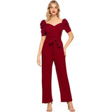 Women's Polyester Solid Sweet Heart Short Sleeve Jumpsuit (Maroon) - GillKart