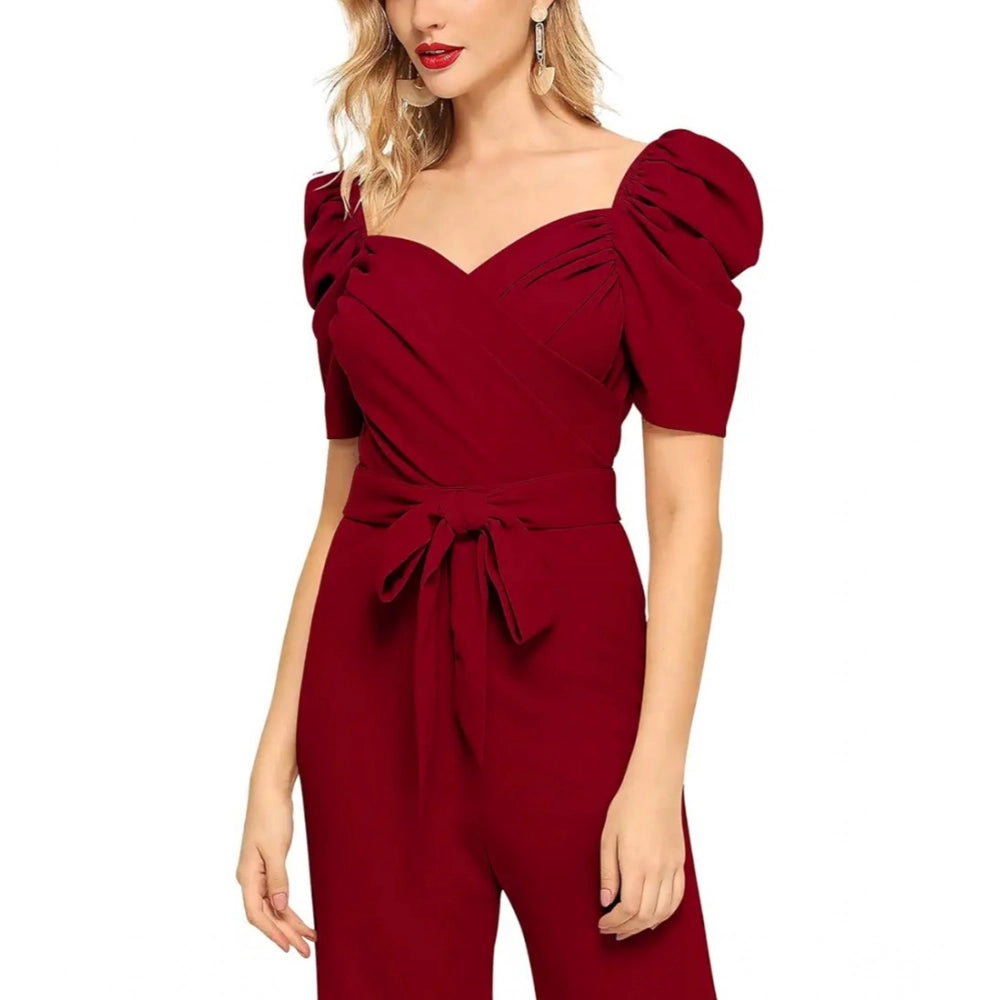 Women's Polyester Solid Sweet Heart Short Sleeve Jumpsuit (Maroon) - GillKart