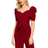 Women's Polyester Solid Sweet Heart Short Sleeve Jumpsuit (Maroon) - GillKart