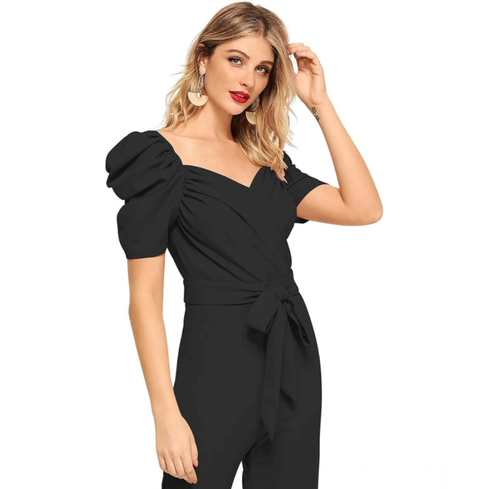 Women's Polyester Solid Sweet Heart Short Sleeve Jumpsuit (Black) - GillKart