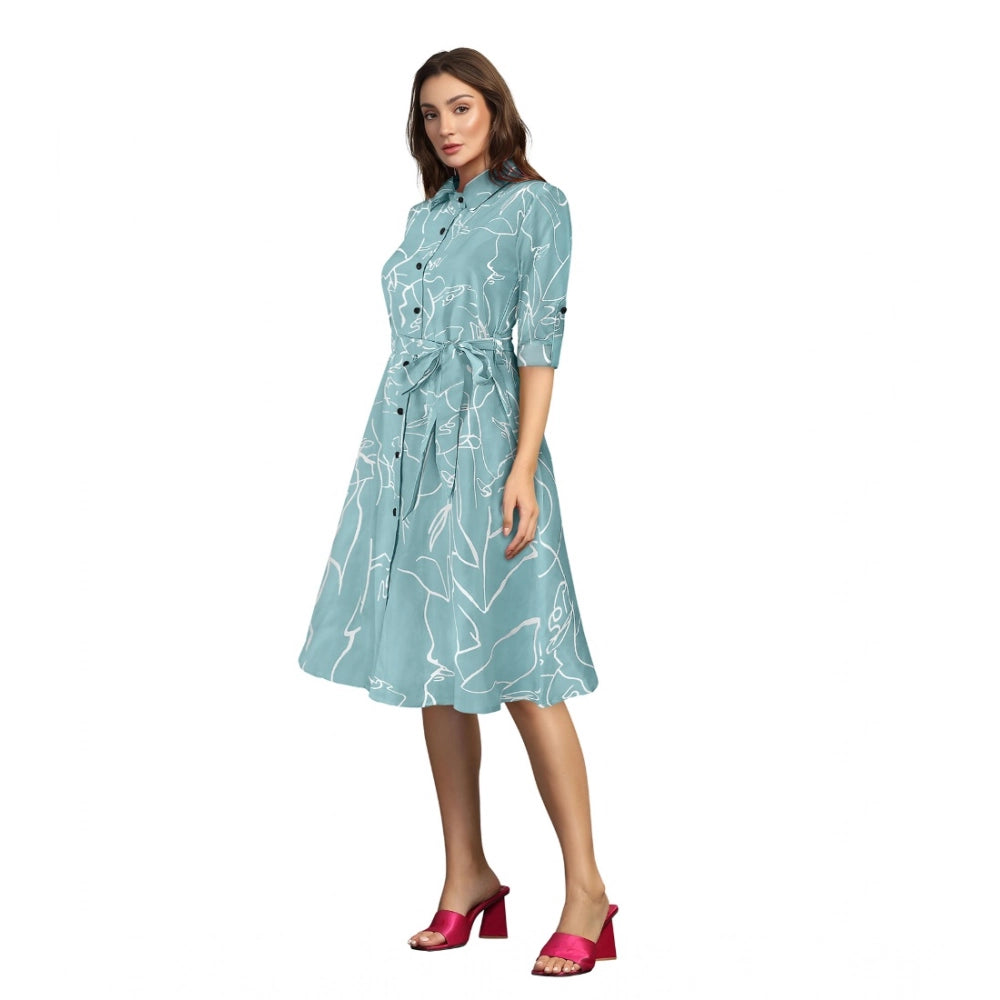 Women's Ruby Cotton Printed Shirt Collar 3-4th Sleeve Dresses (Pista) - GillKart