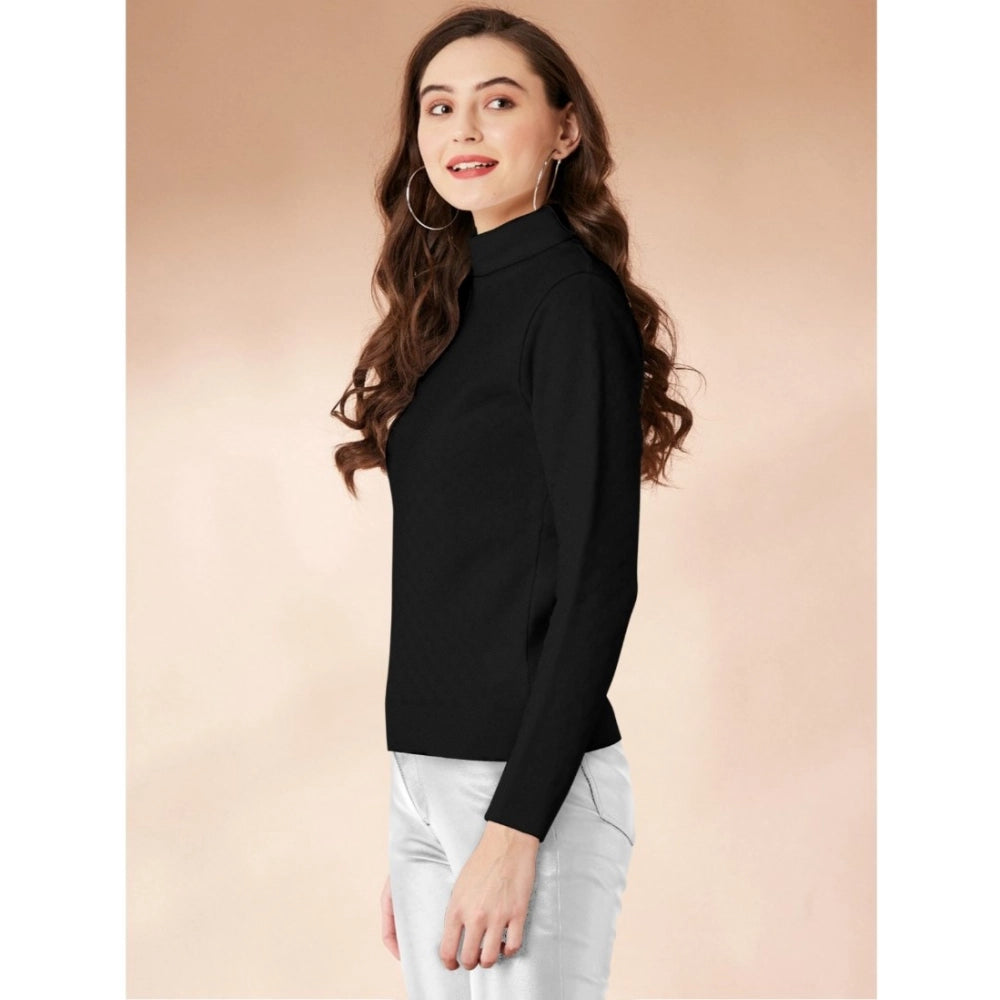 Women's Polyester Solid High Neck Full Sleeve T-Shirt (Black) - GillKart