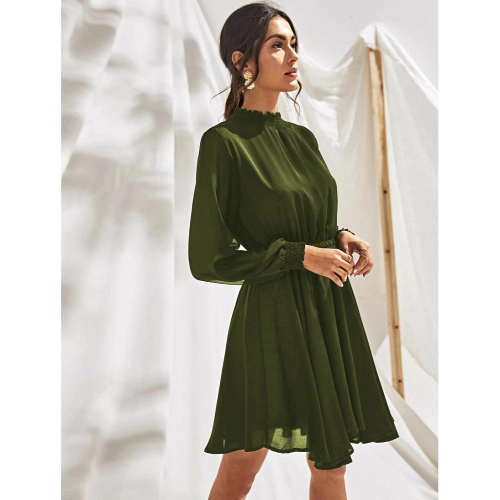 Women's Fox Georgette Solid High Neck Full Sleeve Dresses (Green) - GillKart