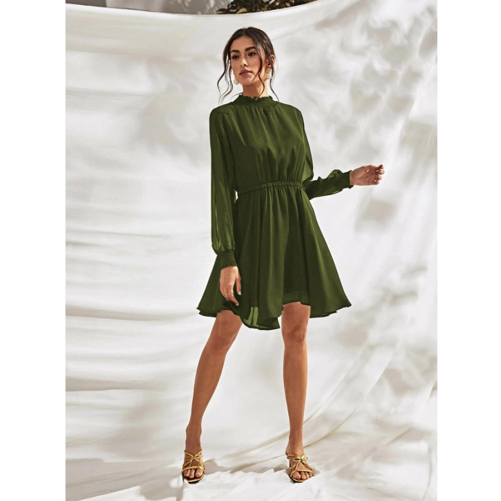 Women's Fox Georgette Solid High Neck Full Sleeve Dresses (Green) - GillKart