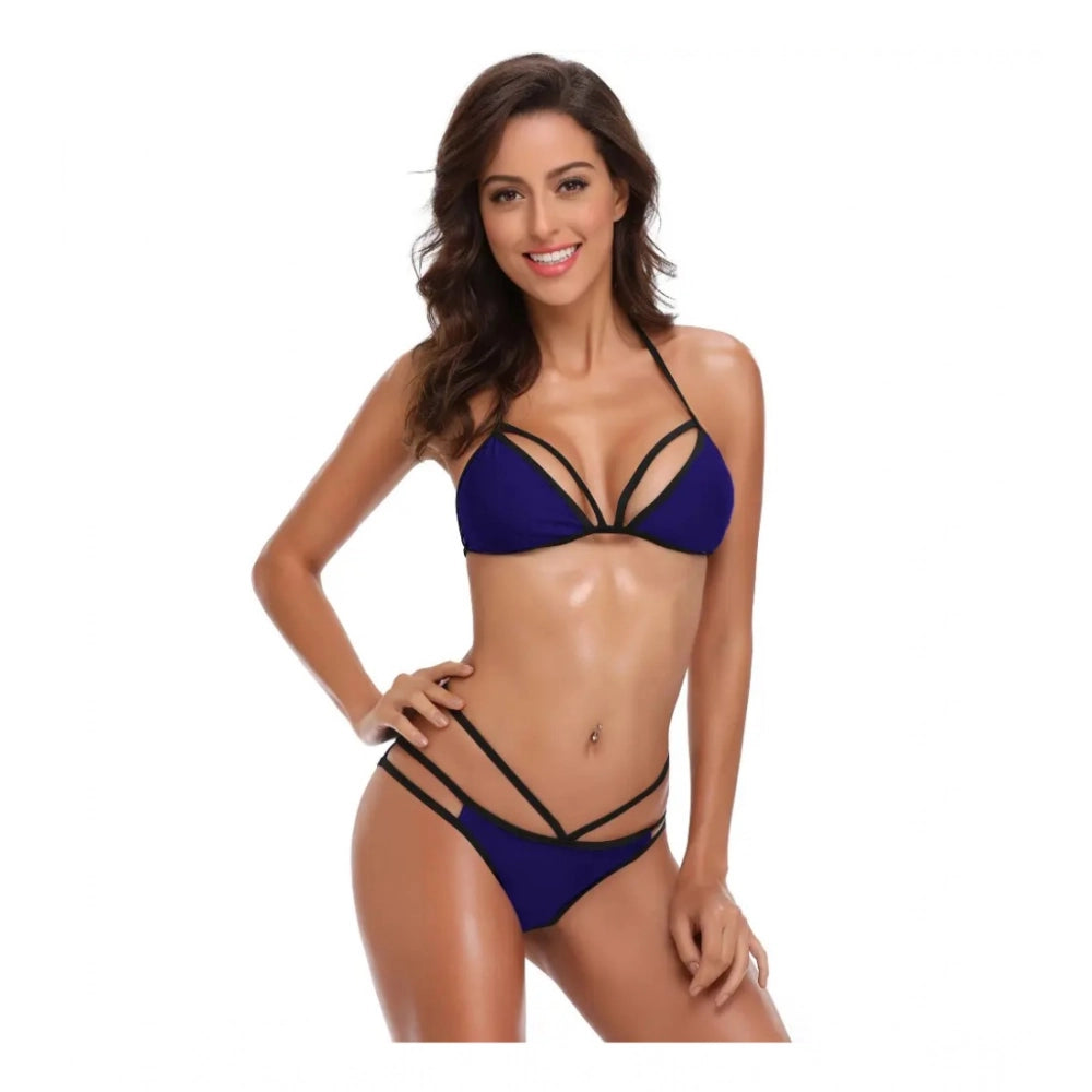 Womens Polyester Spandex Solid Brazilian Bikini Set Navy Blue Free Size Fit to S M L