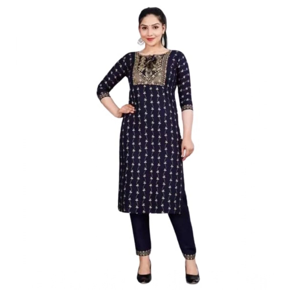 Women's Cotton Printed 3-4th Sleeve Calf Length Kurti with Pant Set (Blue)
