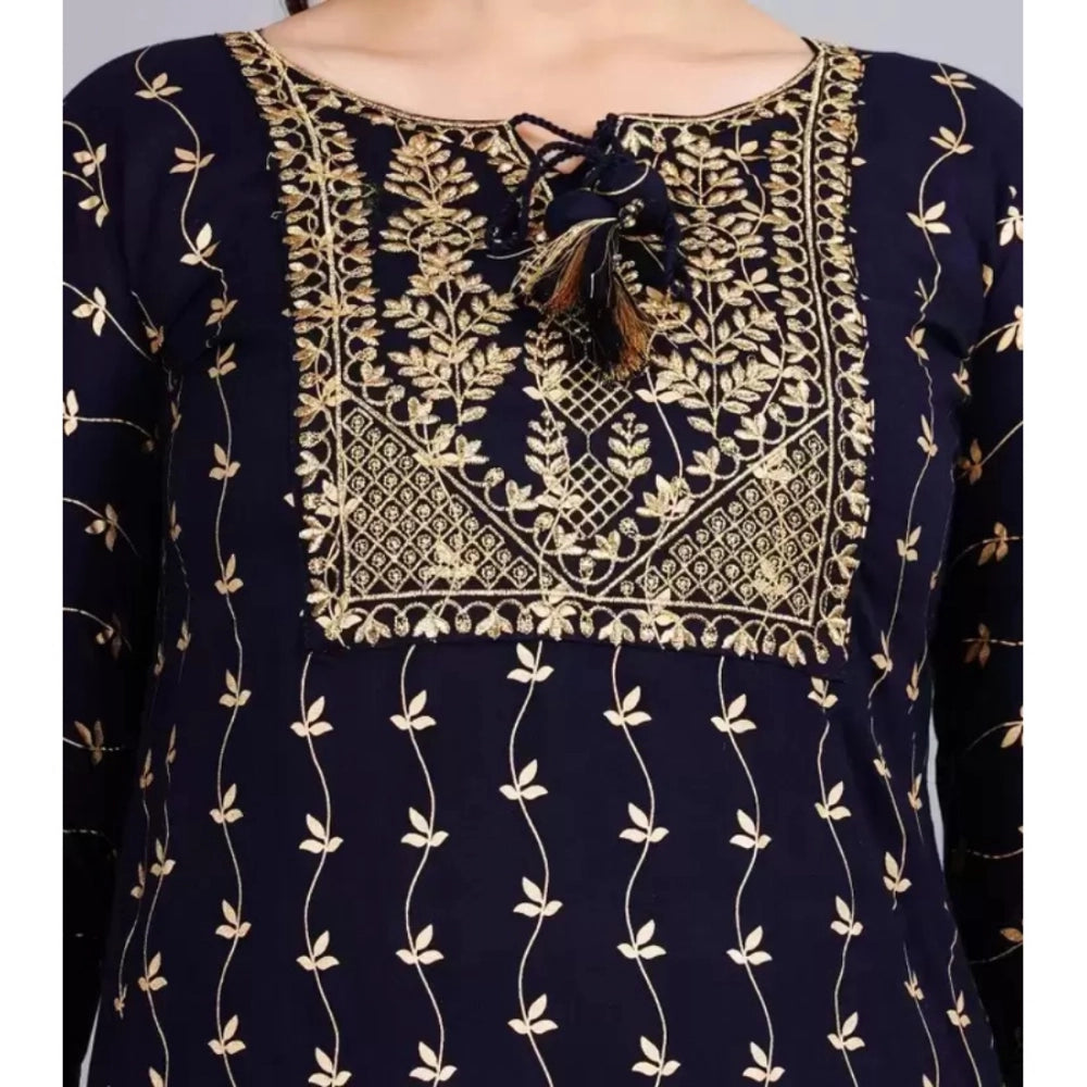 Women's Cotton Printed 3-4th Sleeve Calf Length Kurti with Pant Set (Blue)