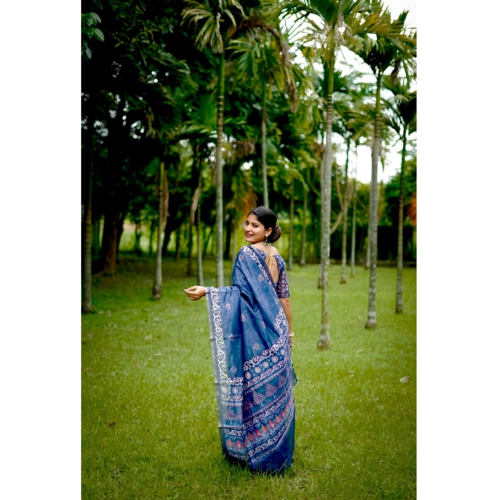 Women's Cotton Printed Saree With Unstitched Blouse (Blue, 5.5 Mtr)