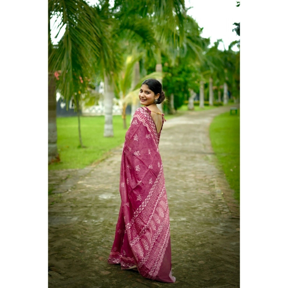 Women's Cotton Printed Saree With Unstitched Blouse (Red, 5.5 Mtr)