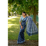 Women's Cotton Printed Saree With Unstitched Blouse (Blue, 5.5 Mtr)