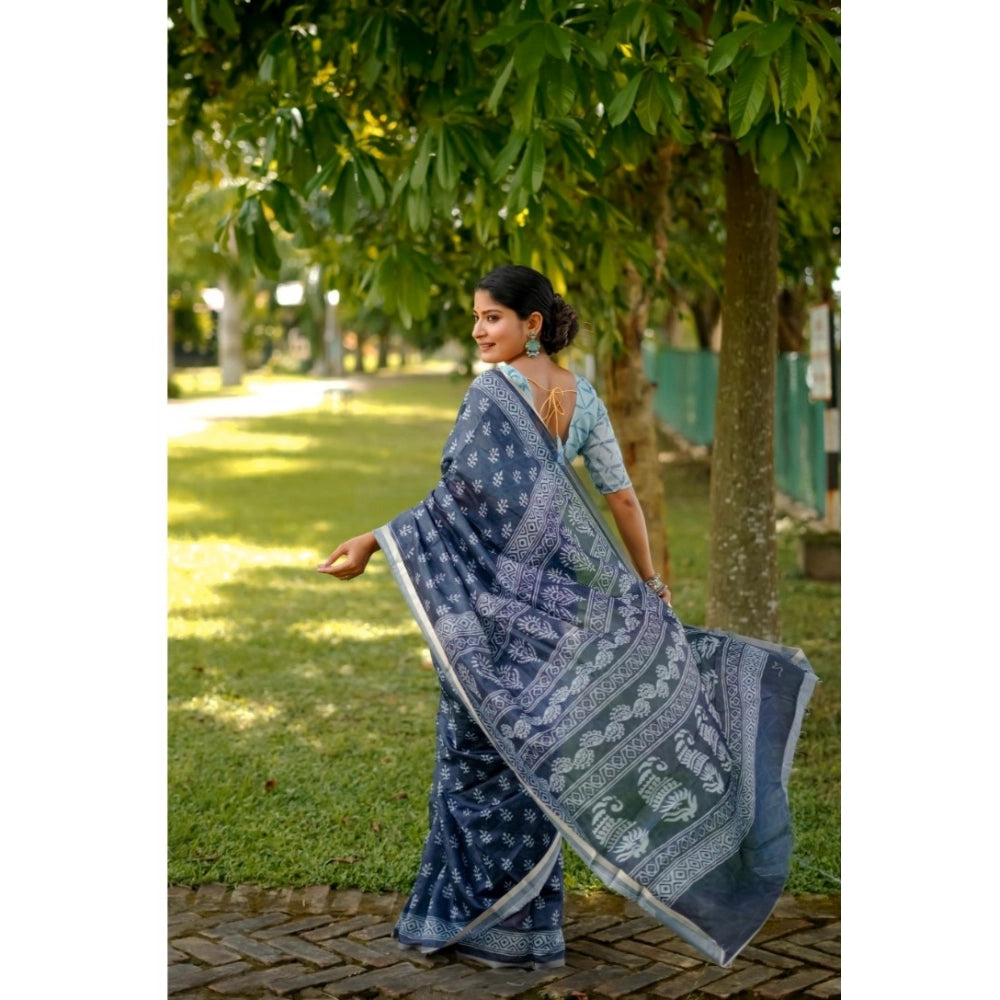 Women's Cotton Printed Saree With Unstitched Blouse (Blue, 5.5 Mtr)