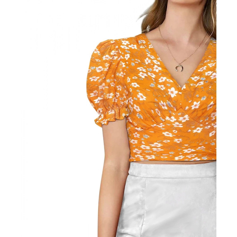 Women's Knitting Printed V-Neck Puff Sleeve Tops (Yellow)