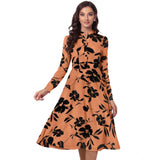 Women's Knitting Printed V-Neck Full Sleeve Dresses (Orange)