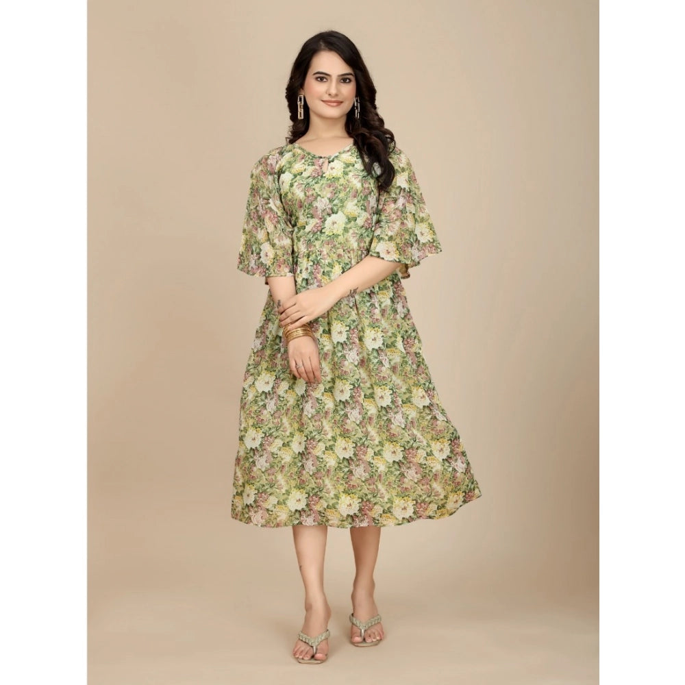 Women's Georgette Printed Round Neck Short Sleeve Dresses (Green)