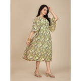 Women's Georgette Printed Round Neck Short Sleeve Dresses (Green)