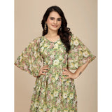 Women's Georgette Printed Round Neck Short Sleeve Dresses (Green)