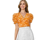 Women's Knitting Printed V-Neck Puff Sleeve Tops (Yellow)