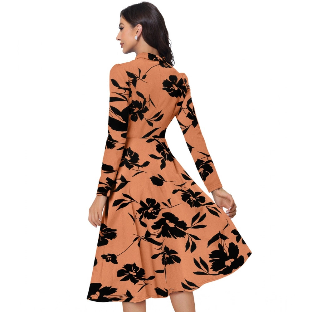 Women's Knitting Printed V-Neck Full Sleeve Dresses (Orange)