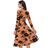 Women's Knitting Printed V-Neck Full Sleeve Dresses (Orange)