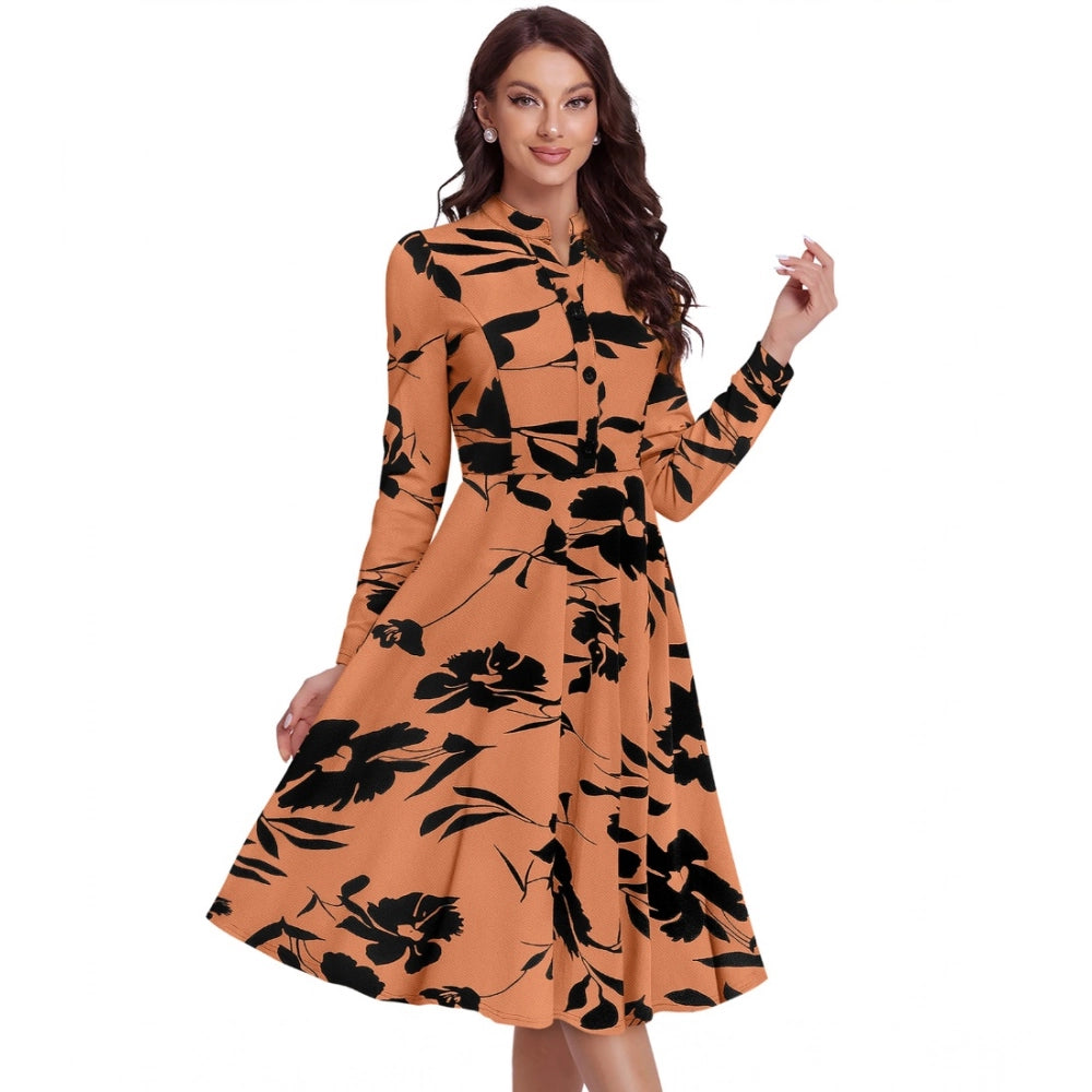 Women's Knitting Printed V-Neck Full Sleeve Dresses (Orange)