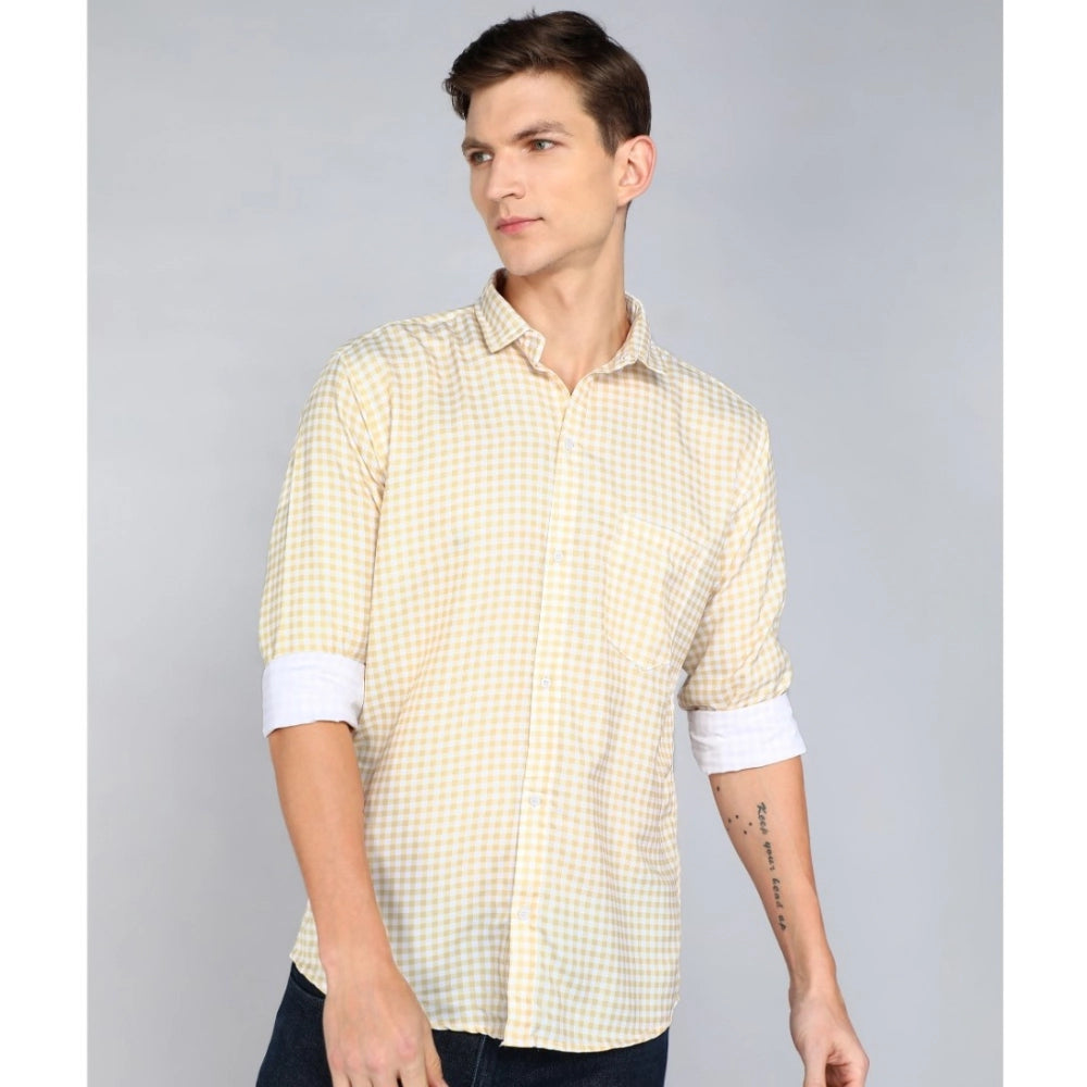 Men's Casual Viscose Rayon Checkered Full Sleeve Collar Shirt (Brown-White)