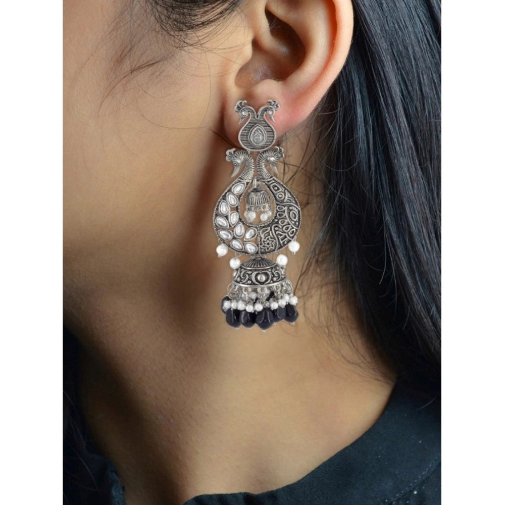 Classic Black &amp; Silver Peacock Earrings With Pearl Details Earrings (Silver)