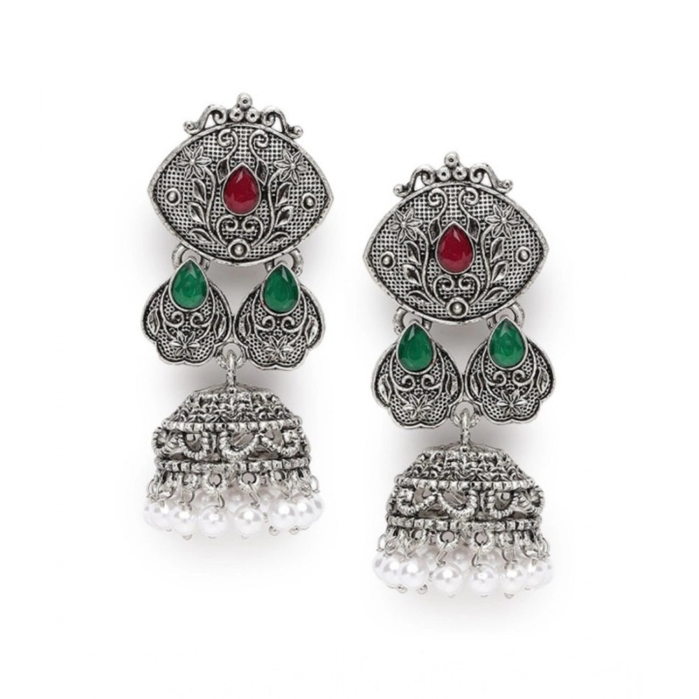 Antique Silver Jhumka Earrings With Emerald And Ruby Highlihts Earrings (Silver)