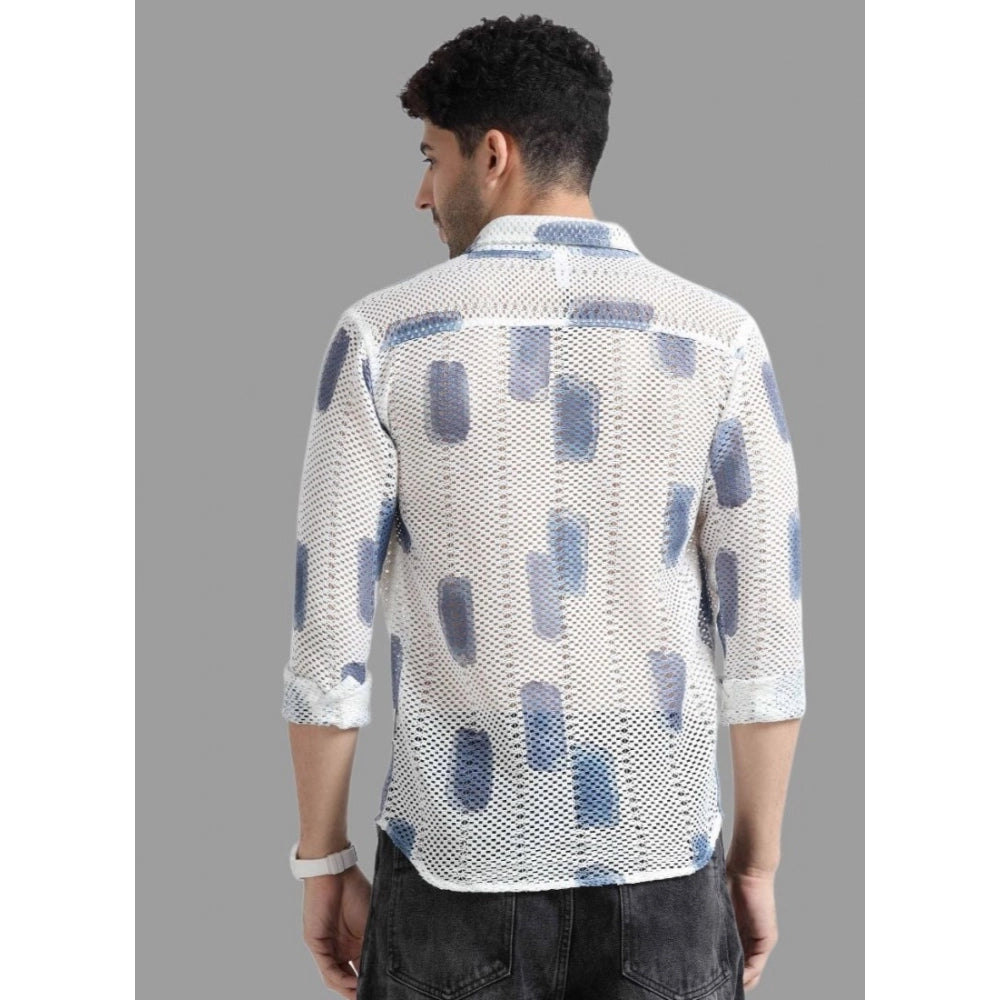 Men's Cotton Knit Printed Full Sleeve Shirt (White Blue)