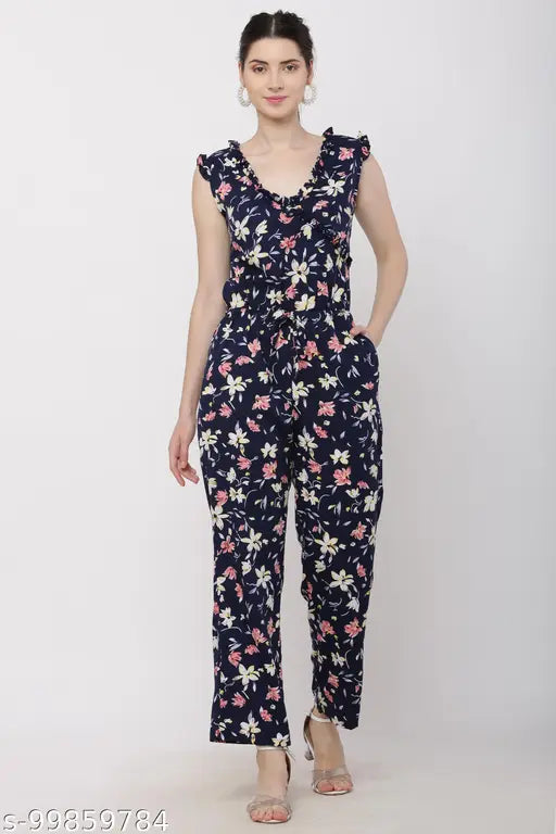 PRINTED WOMEN FLORAL BLUE CASUAL BACK CHAIN WITH FRONT DORI V-NECK JUMPSUIT